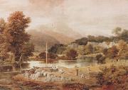 Ramsay Richard Reinagle A Slate Wharf,with the Village of Clappersgate and Coniston Fells,near the Head of Windermere-Forenoon (mk47) oil painting on canvas